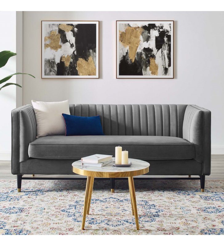 Devote Channel Tufted Performance Velvet Loveseat in Gray - Lexmod