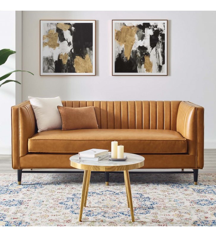 Devote Channel Tufted Vegan Leather Loveseat in Tan - Lexmod