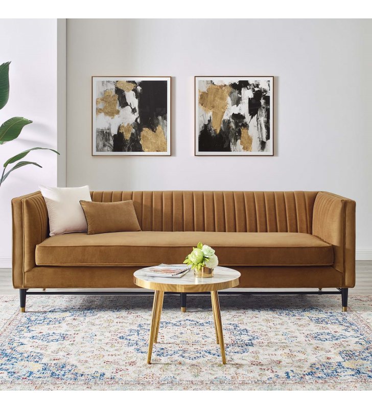 Devote Channel Tufted Performance Velvet Sofa in Cognac - Lexmod