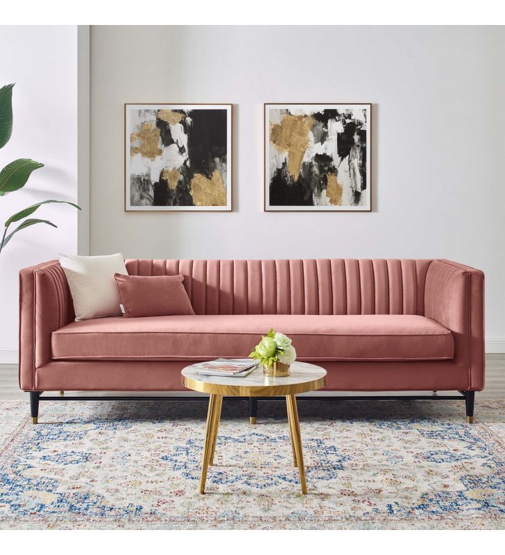 Devote Channel Tufted Performance Velvet Sofa in Dusty Rose - Lexmod