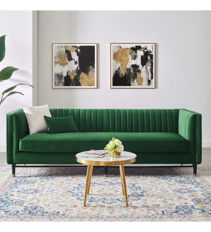 Devote Channel Tufted Performance Velvet Sofa in Emerald - Lexmod