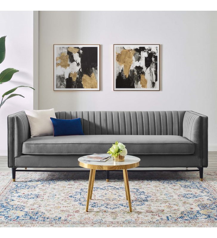 Devote Channel Tufted Performance Velvet Sofa in Gray - Lexmod