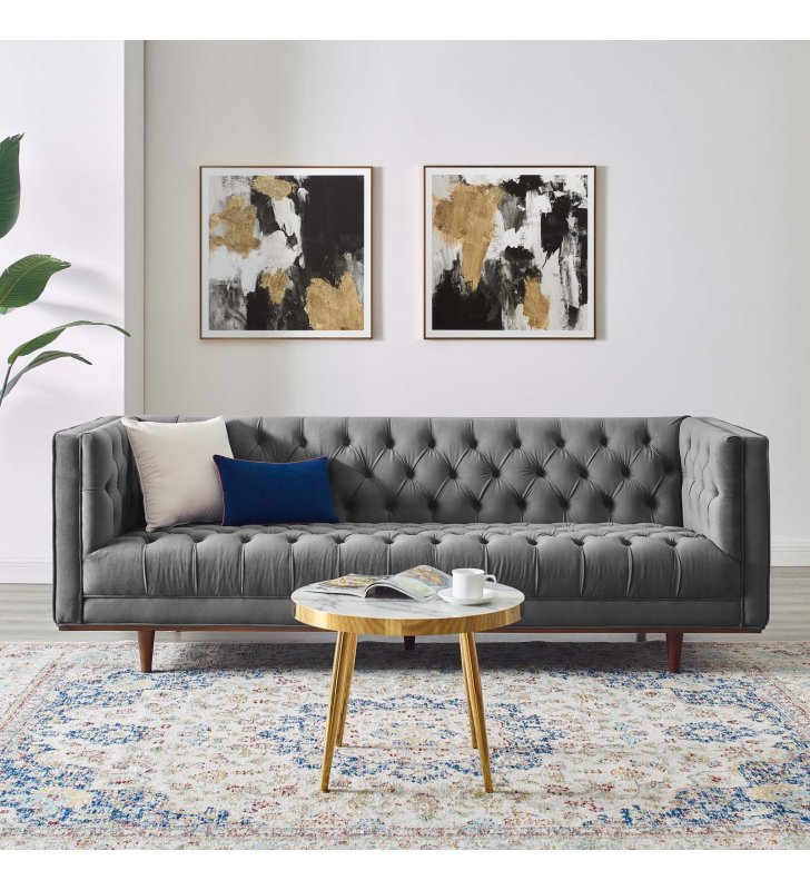 Elation Tufted Performance Velvet Sofa in Gray - Lexmod