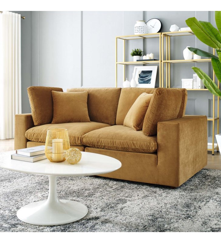 Commix Down Filled Overstuffed Performance Velvet Loveseat in Cognac - Lexmod