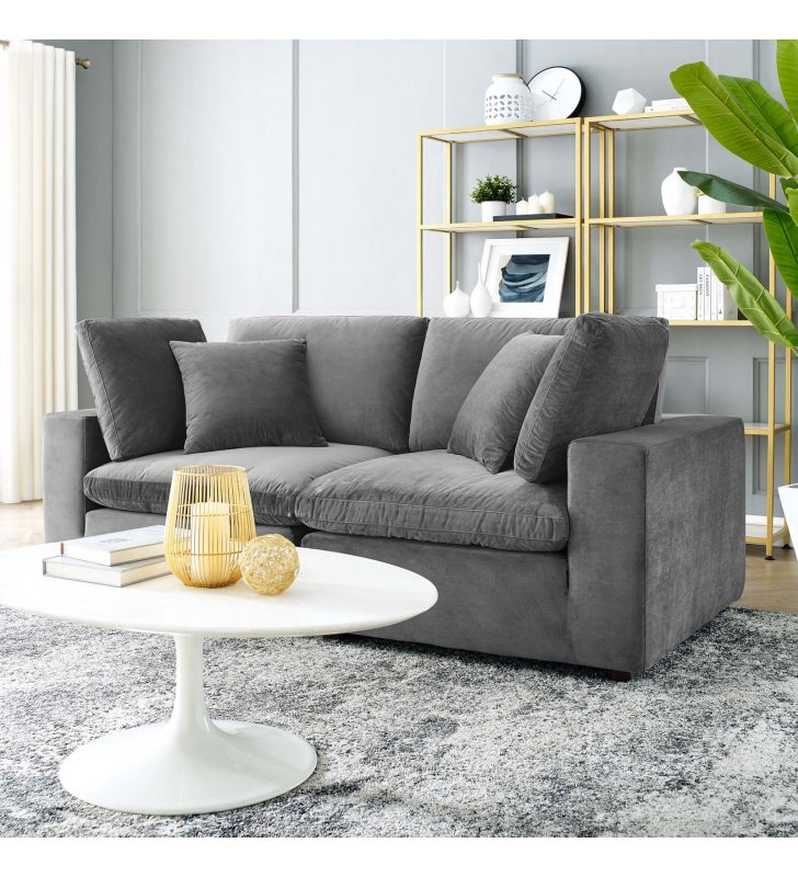 Commix Down Filled Overstuffed Performance Velvet Loveseat in Gray - Lexmod