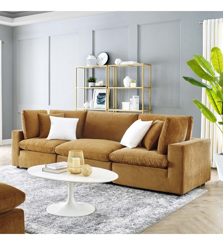 Commix Down Filled Overstuffed Performance Velvet 3-Seater Sofa in Cognac - Lexmod