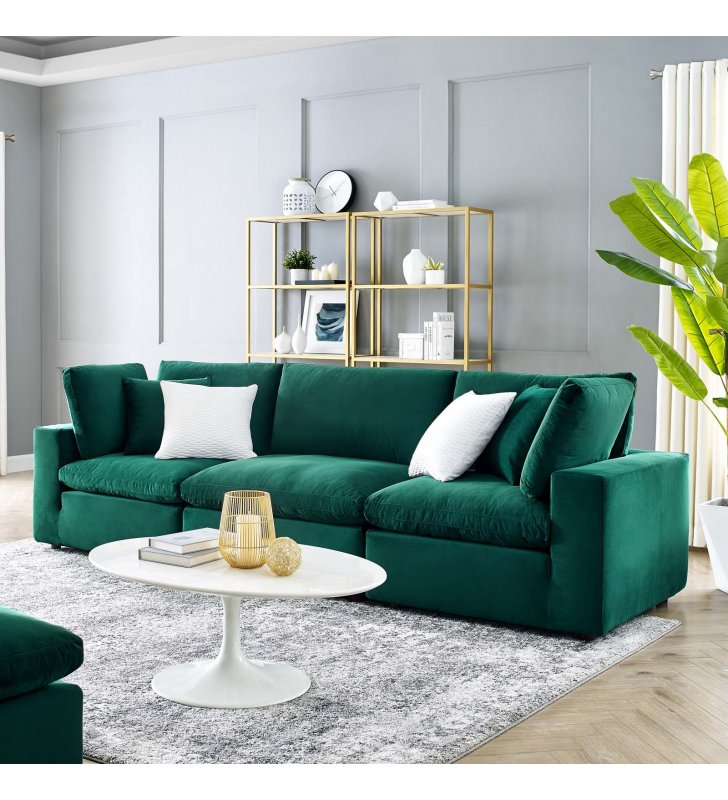 Commix Down Filled Overstuffed Performance Velvet 3-Seater Sofa in Green - Lexmod