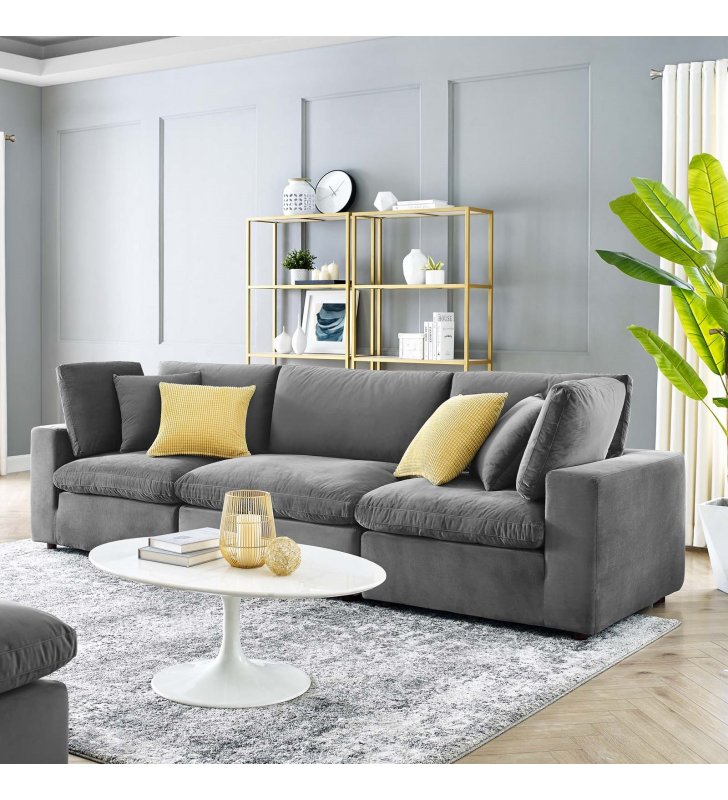 Commix Down Filled Overstuffed Performance Velvet 3-Seater Sofa in Gray - Lexmod