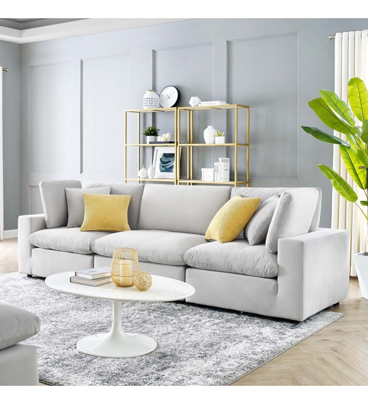 Commix Down Filled Overstuffed Performance Velvet 3-Seater Sofa in Light Gray - Lexmod