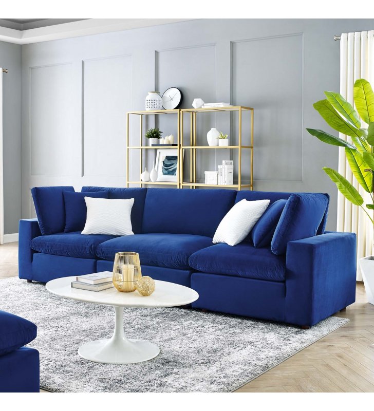 Commix Down Filled Overstuffed Performance Velvet 3-Seater Sofa in Navy - Lexmod