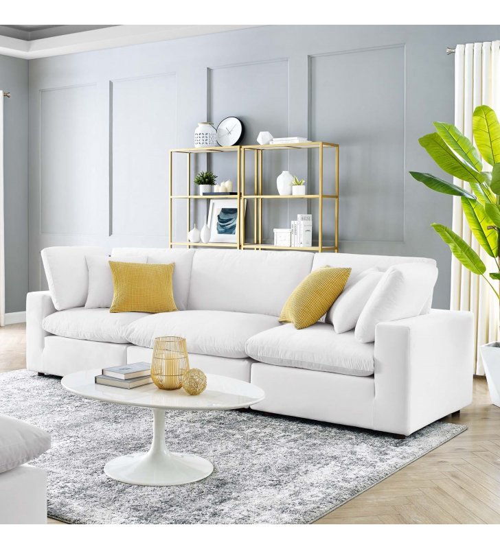 Commix Down Filled Overstuffed Performance Velvet 3-Seater Sofa in White - Lexmod