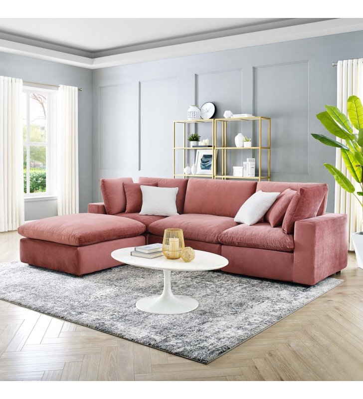 Commix Down Filled Overstuffed Performance Velvet 4-Piece Sectional Sofa in Dusty Rose - Lexmod