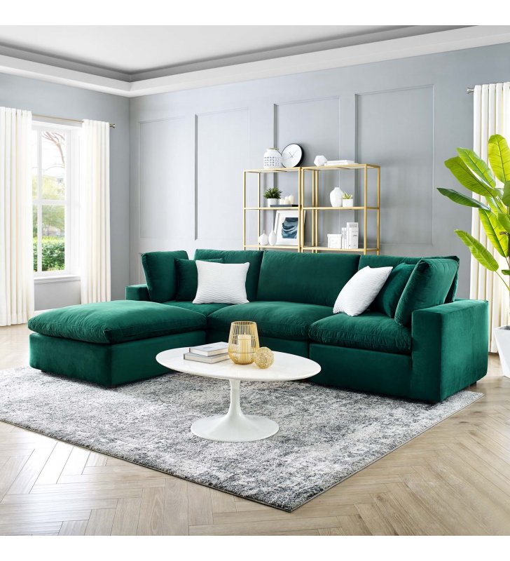 Commix Down Filled Overstuffed Performance Velvet 4-Piece Sectional Sofa in Green - Lexmod