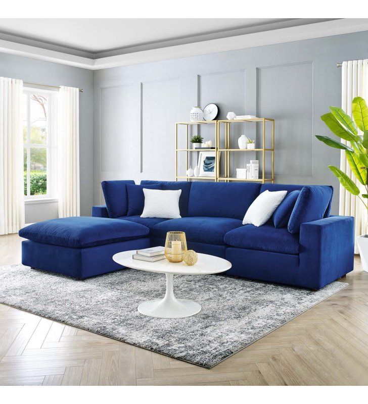 Commix Down Filled Overstuffed Performance Velvet 4-Piece Sectional Sofa in Navy - Lexmod