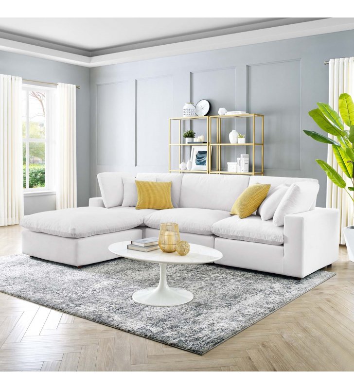 Commix Down Filled Overstuffed Performance Velvet 4-Piece Sectional Sofa in White - Lexmod
