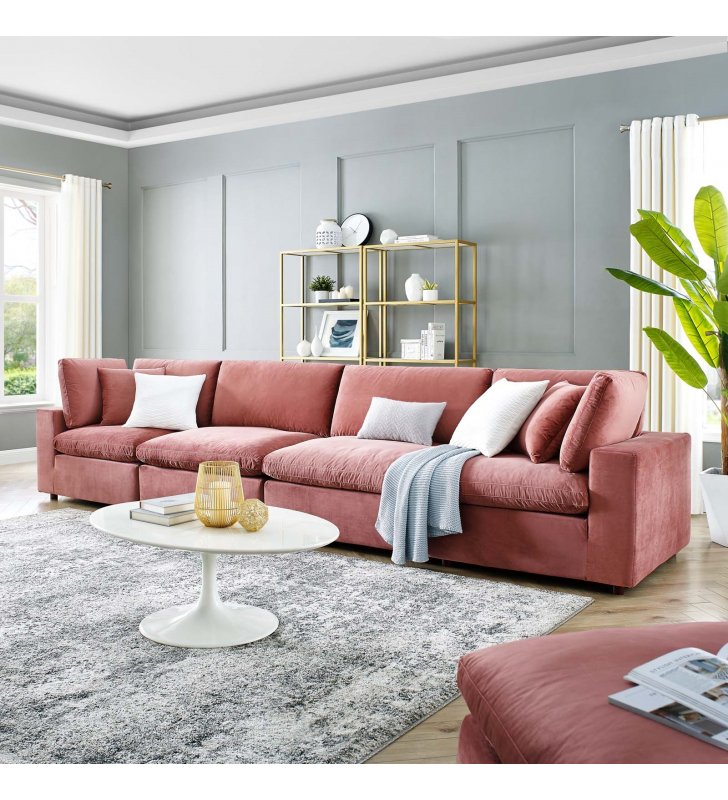 Commix Down Filled Overstuffed Performance Velvet 4-Seater Sofa in Dusty Rose - Lexmod