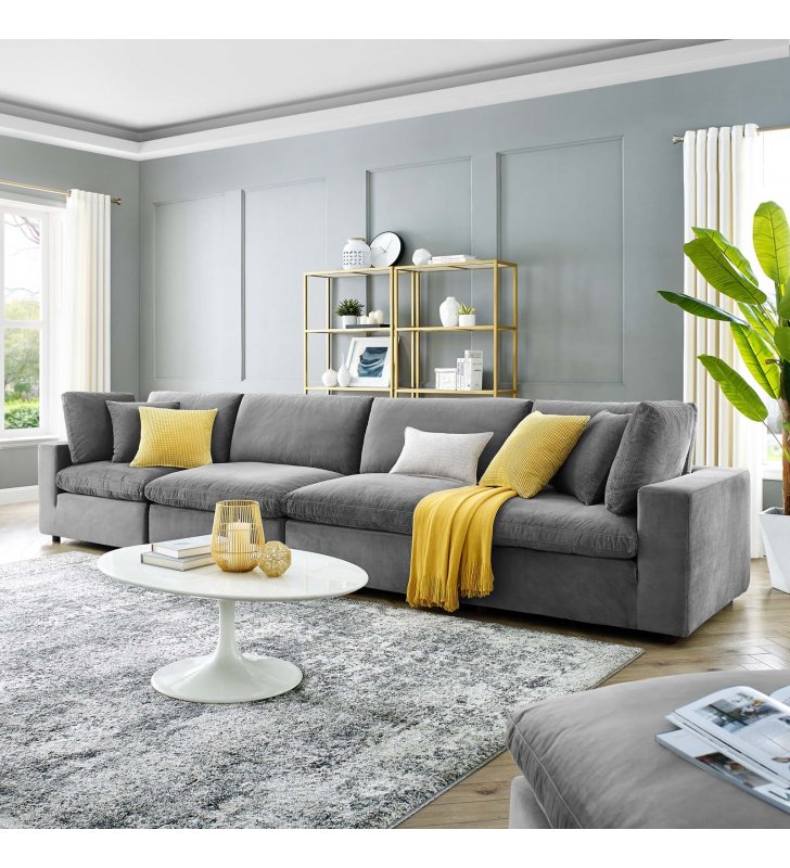 Commix Down Filled Overstuffed Performance Velvet 4-Seater Sofa in Gray - Lexmod