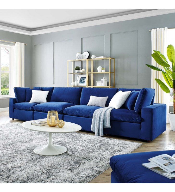 Commix Down Filled Overstuffed Performance Velvet 4-Seater Sofa in Navy - Lexmod