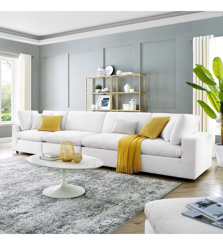 Commix Down Filled Overstuffed Performance Velvet 4-Seater Sofa in White - Lexmod