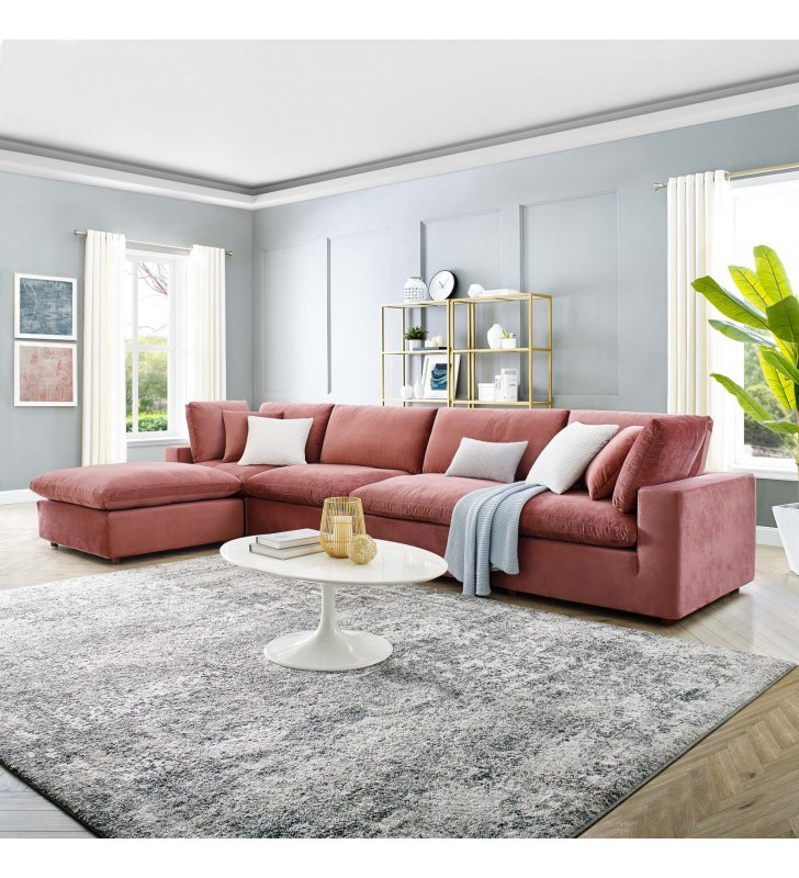 Commix Down Filled Overstuffed Performance Velvet 5-Piece Sectional Sofa in Dusty Rose - Lexmod