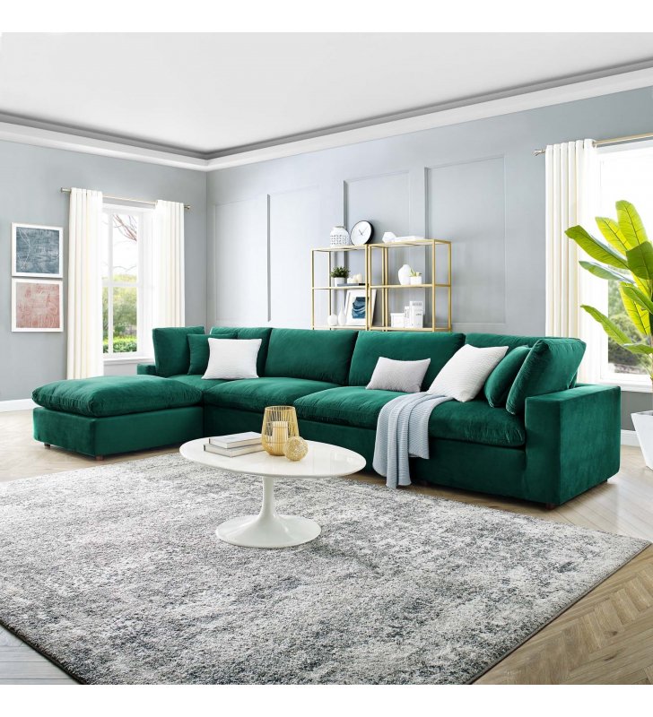 Commix Down Filled Overstuffed Performance Velvet 5-Piece Sectional Sofa in Green - Lexmod
