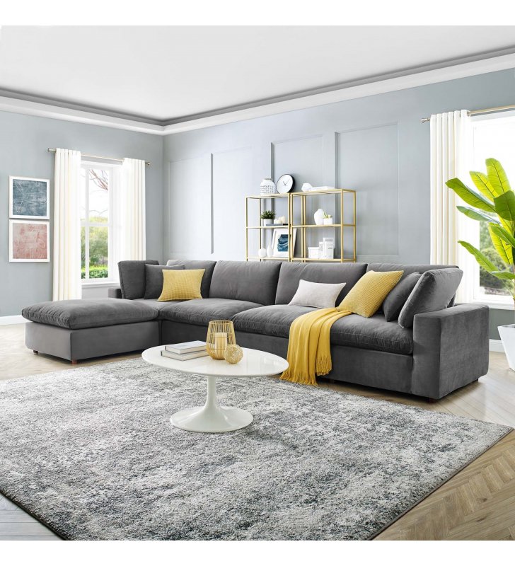 Commix Down Filled Overstuffed Performance Velvet 5-Piece Sectional Sofa in Gray - Lexmod