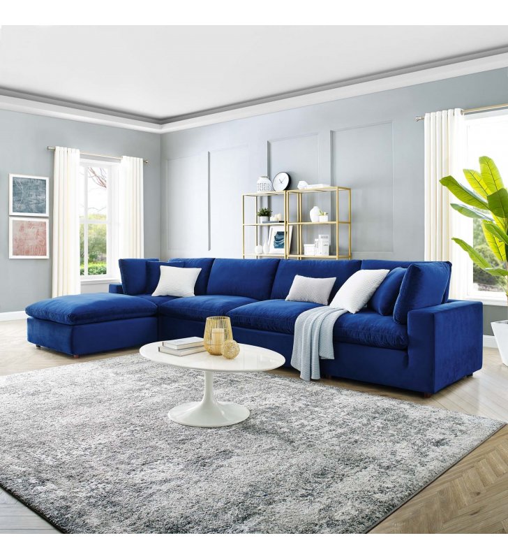 Commix Down Filled Overstuffed Performance Velvet 5-Piece Sectional Sofa in Navy - Lexmod