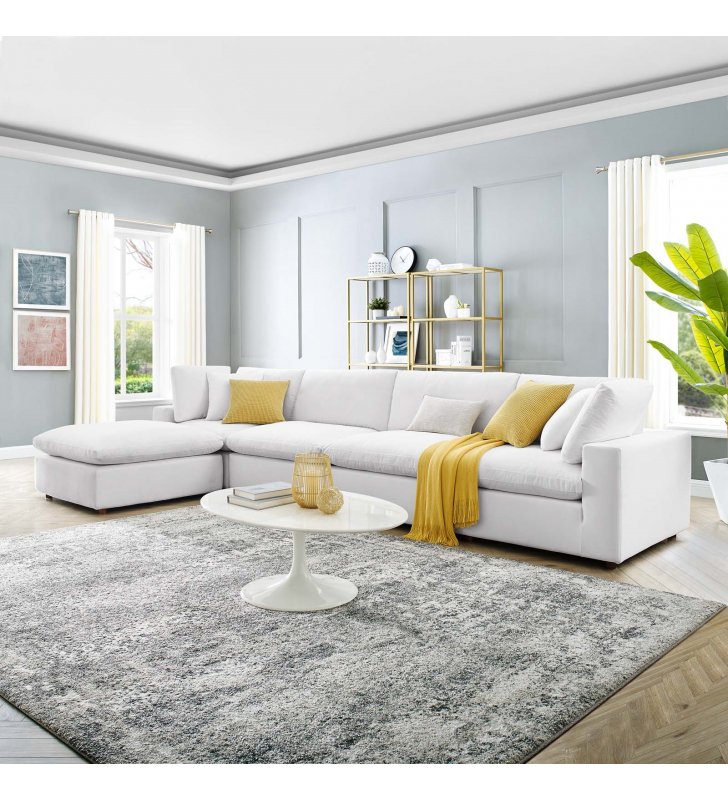 Commix Down Filled Overstuffed Performance Velvet 5-Piece Sectional Sofa in White - Lexmod