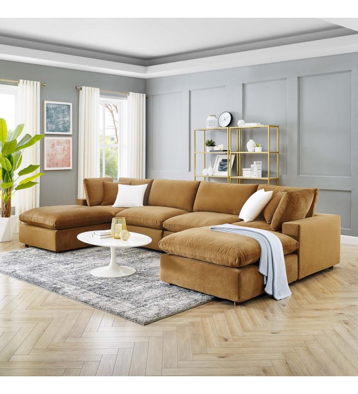 Commix Down Filled Overstuffed Performance Velvet 6-Piece Sectional Sofa in Cognac - Lexmod