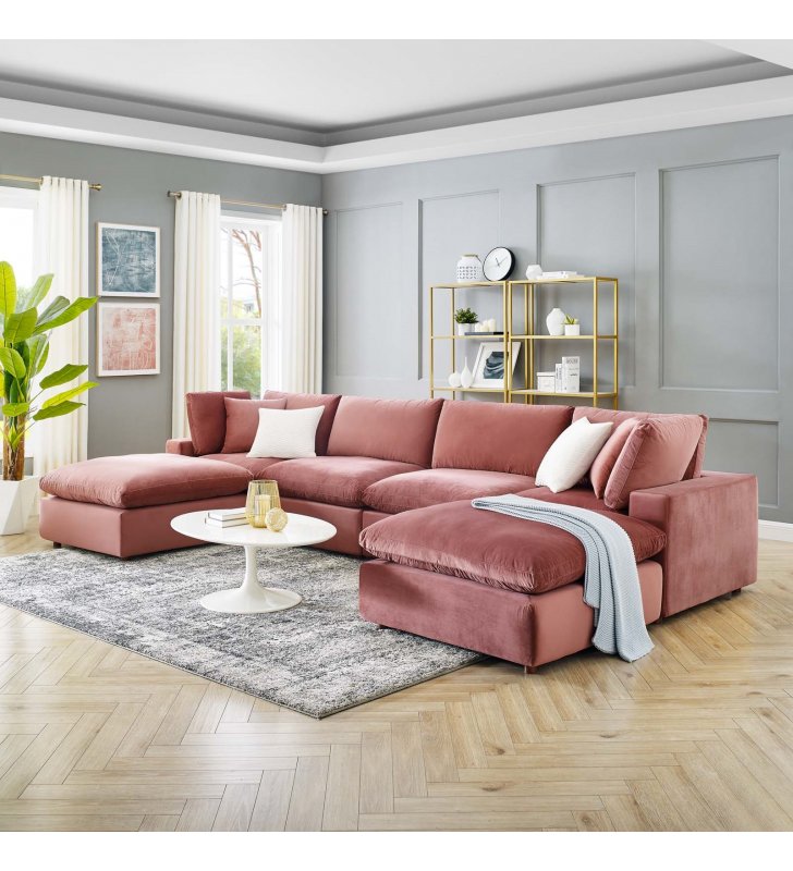 Commix Down Filled Overstuffed Performance Velvet 6-Piece Sectional Sofa in Dusty Rose - Lexmod