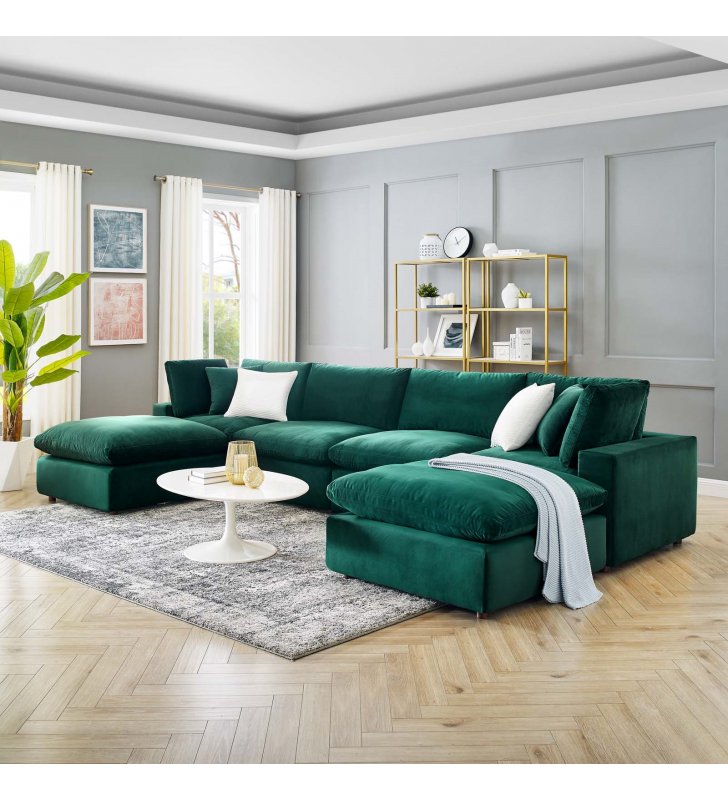 Commix Down Filled Overstuffed Performance Velvet 6-Piece Sectional Sofa in Green - Lexmod