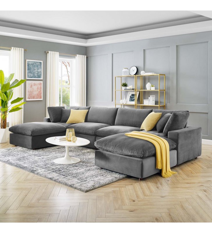 Commix Down Filled Overstuffed Performance Velvet 6-Piece Sectional Sofa in Gray - Lexmod