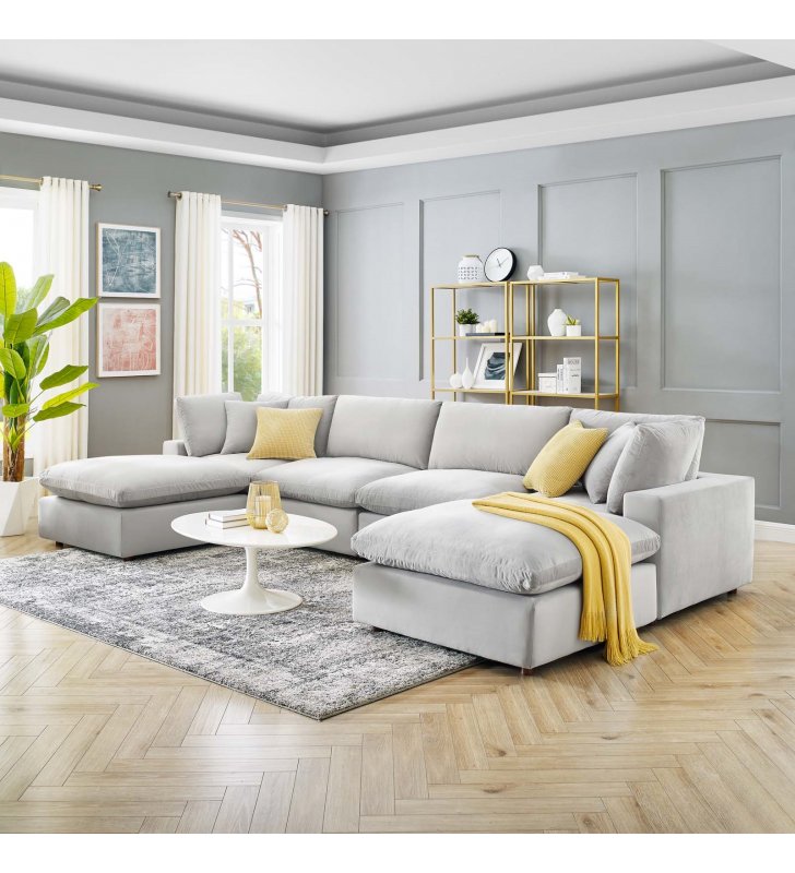 Commix Down Filled Overstuffed Performance Velvet 6-Piece Sectional Sofa in Light Gray - Lexmod