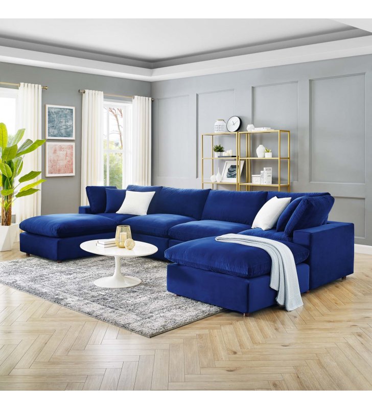 Commix Down Filled Overstuffed Performance Velvet 6-Piece Sectional Sofa in Navy - Lexmod