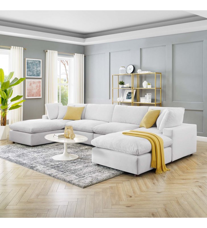 Commix Down Filled Overstuffed Performance Velvet 6-Piece Sectional Sofa in White - Lexmod