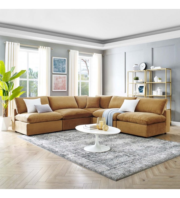 Commix Down Filled Overstuffed Performance Velvet 5-Piece Sectional Sofa in Cognac - Lexmod