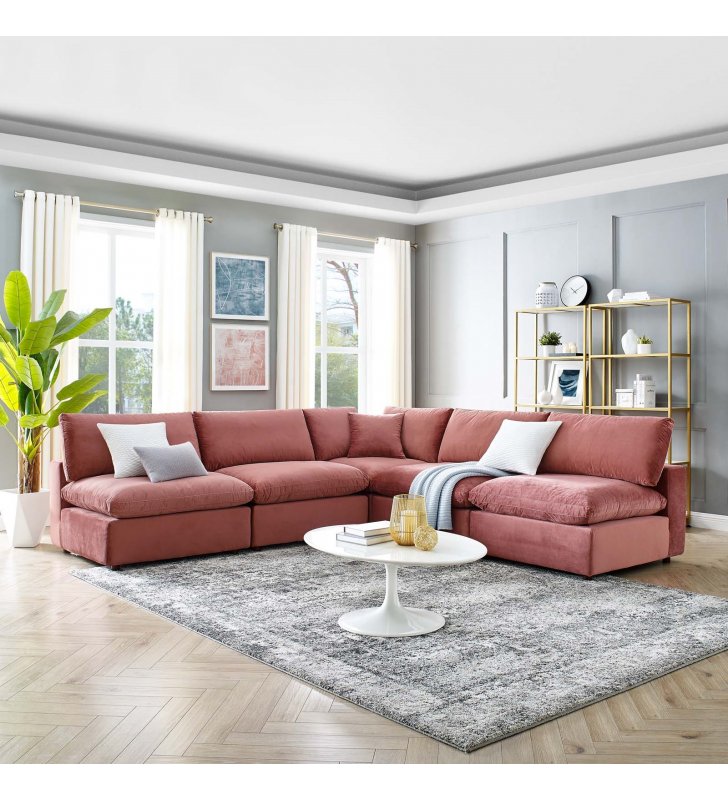 Commix Down Filled Overstuffed Performance Velvet 5-Piece Sectional Sofa in Dusty Rose - Lexmod