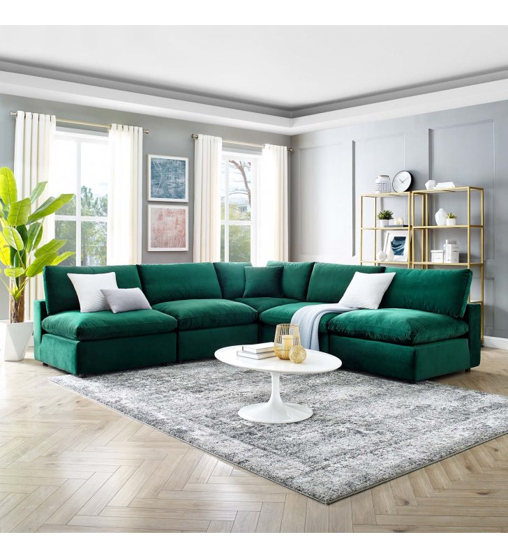 Commix Down Filled Overstuffed Performance Velvet 5-Piece Sectional Sofa in Green - Lexmod