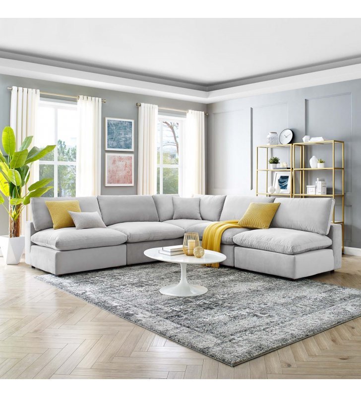 Commix Down Filled Overstuffed Performance Velvet 5-Piece Sectional Sofa in Light Gray - Lexmod