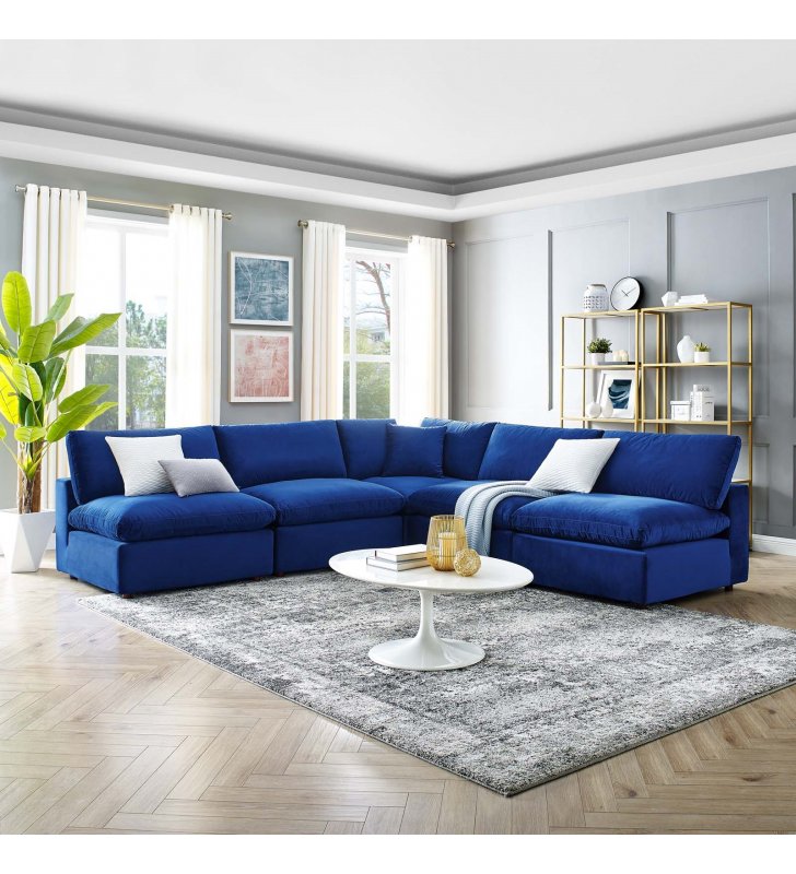 Commix Down Filled Overstuffed Performance Velvet 5-Piece Sectional Sofa in Navy - Lexmod