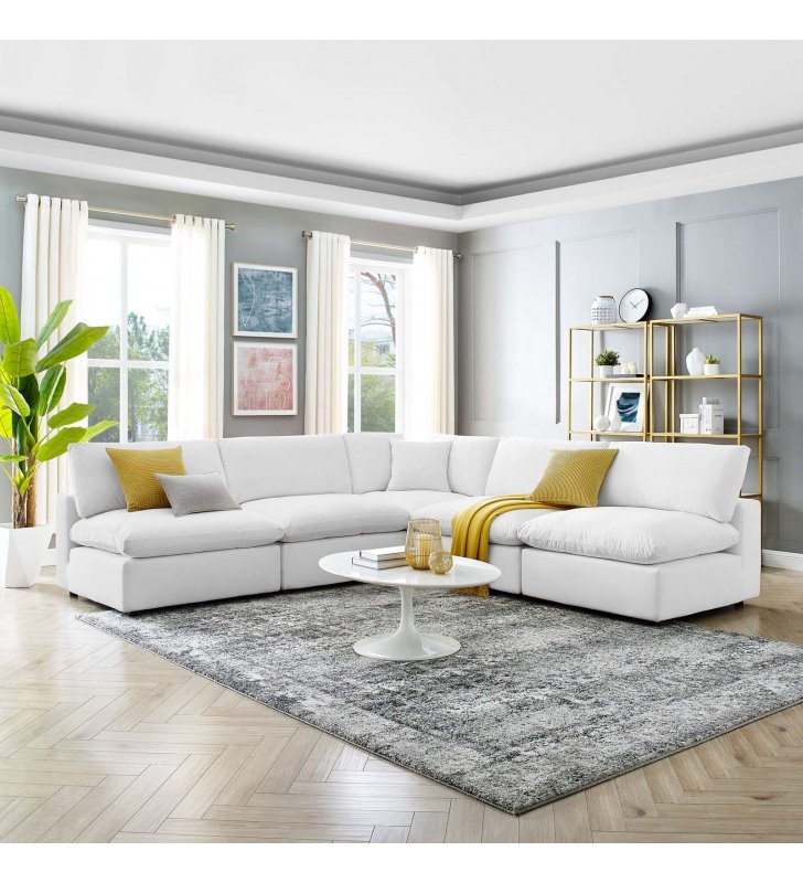 Commix Down Filled Overstuffed Performance Velvet 5-Piece Sectional Sofa in White - Lexmod