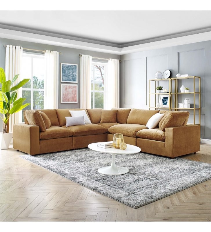Commix Down Filled Overstuffed Performance Velvet 5-Piece Sectional Sofa in Cognac - Lexmod