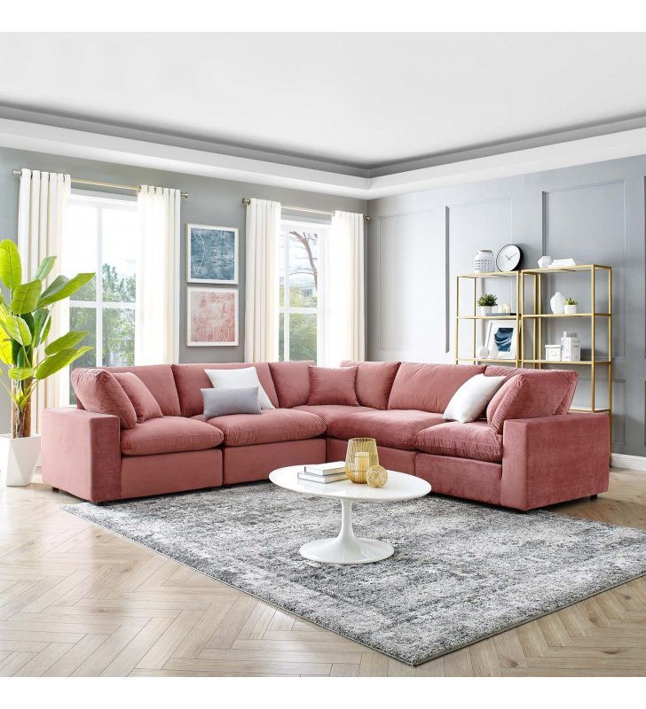 Commix Down Filled Overstuffed Performance Velvet 5-Piece Sectional Sofa in Dusty Rose - Lexmod