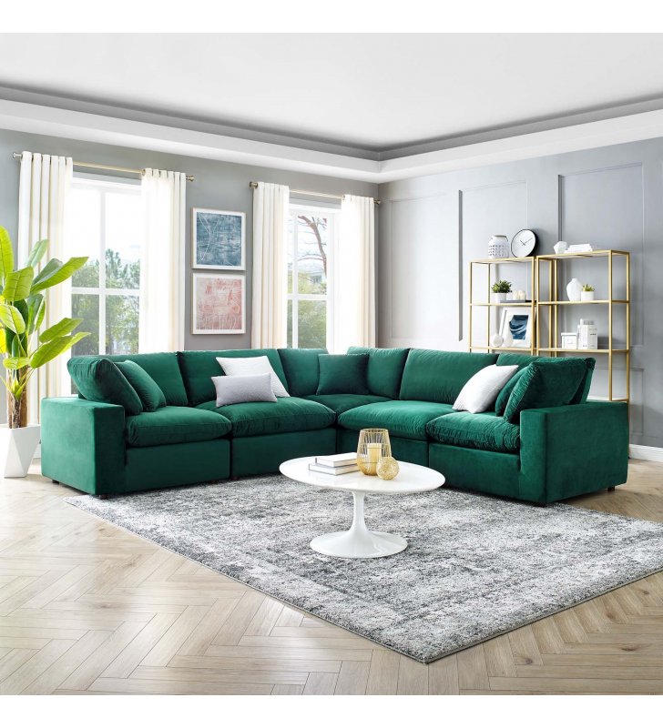Commix Down Filled Overstuffed Performance Velvet 5-Piece Sectional Sofa in Green - Lexmod