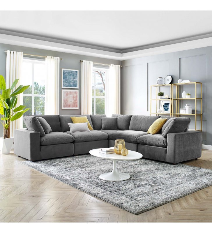Commix Down Filled Overstuffed Performance Velvet 5-Piece Sectional Sofa in Gray - Lexmod