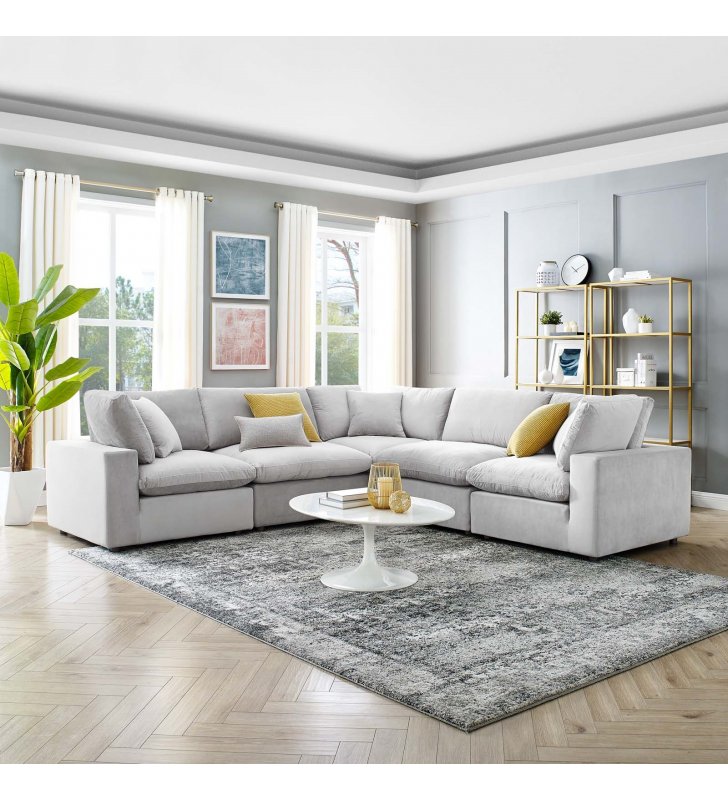 Commix Down Filled Overstuffed Performance Velvet 5-Piece Sectional Sofa in Light Gray - Lexmod