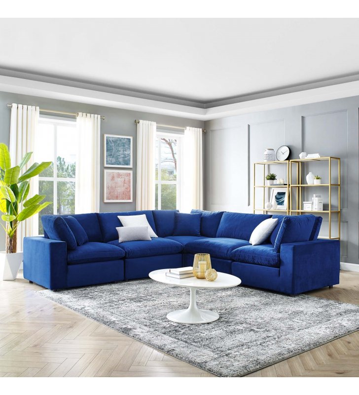 Commix Down Filled Overstuffed Performance Velvet 5-Piece Sectional Sofa in Navy - Lexmod