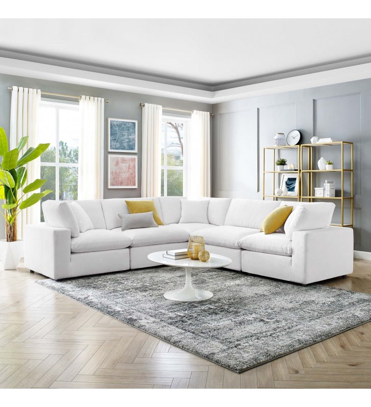 Commix Down Filled Overstuffed Performance Velvet 5-Piece Sectional Sofa in White - Lexmod