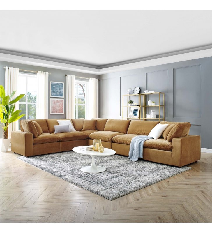 Commix Down Filled Overstuffed Performance Velvet 6-Piece Sectional Sofa in Cognac - Lexmod