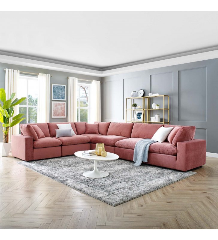 Commix Down Filled Overstuffed Performance Velvet 6-Piece Sectional Sofa in Dusty Rose - Lexmod